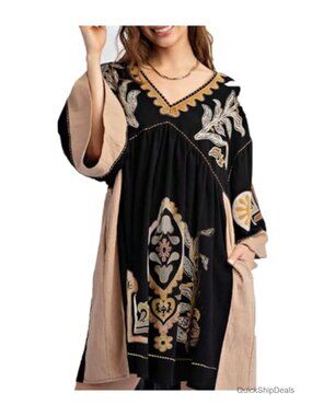 Womens Floral Embroidered V-Neck 3/4 Sleeve Casual Summer Dress